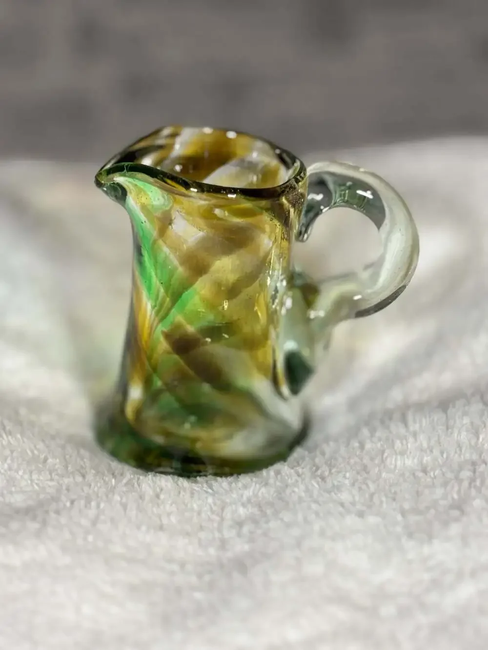 Vintage Hand-Blown Green and Yellow Swirl Art Glass Small Pitcher